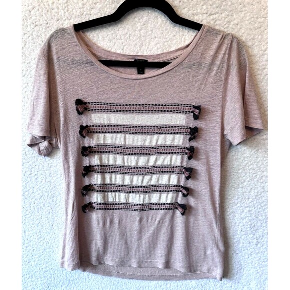 J. Crew 100% Linen Embroidered Tassel Striped Short Sleeve T-shirt Size S‎ - Picture 1 of 7